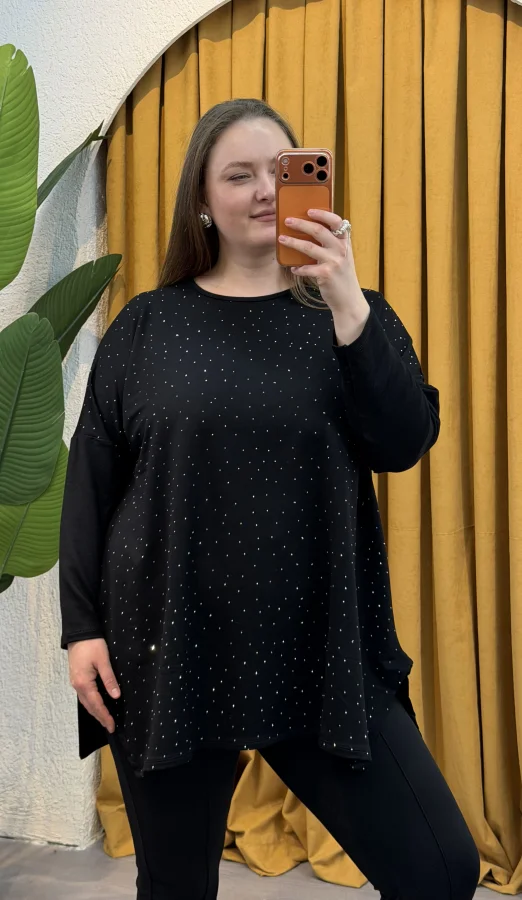 Modal Kumaş Esnek Taş Detaylı Bluz - Siyah