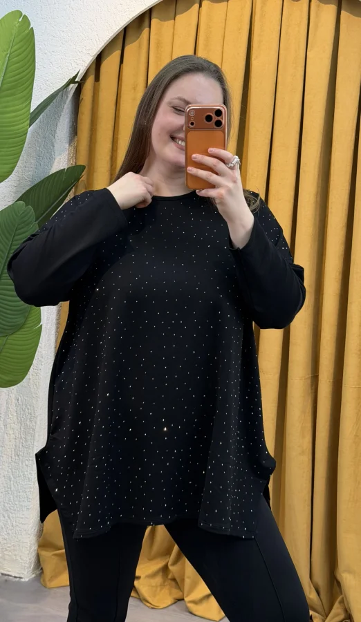 Modal Kumaş Esnek Taş Detaylı Bluz - Siyah