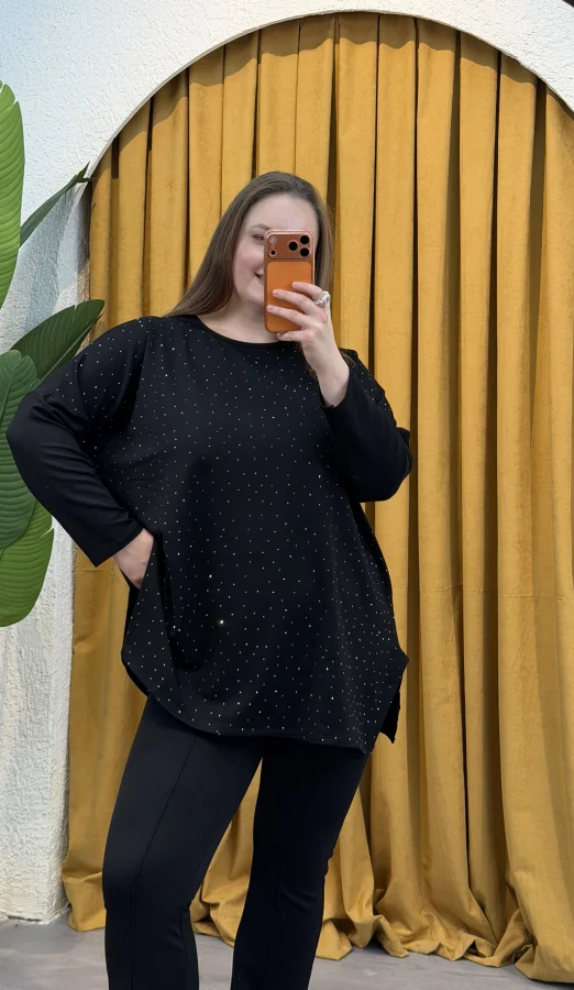 Modal Kumaş Esnek Taş Detaylı Bluz - Siyah