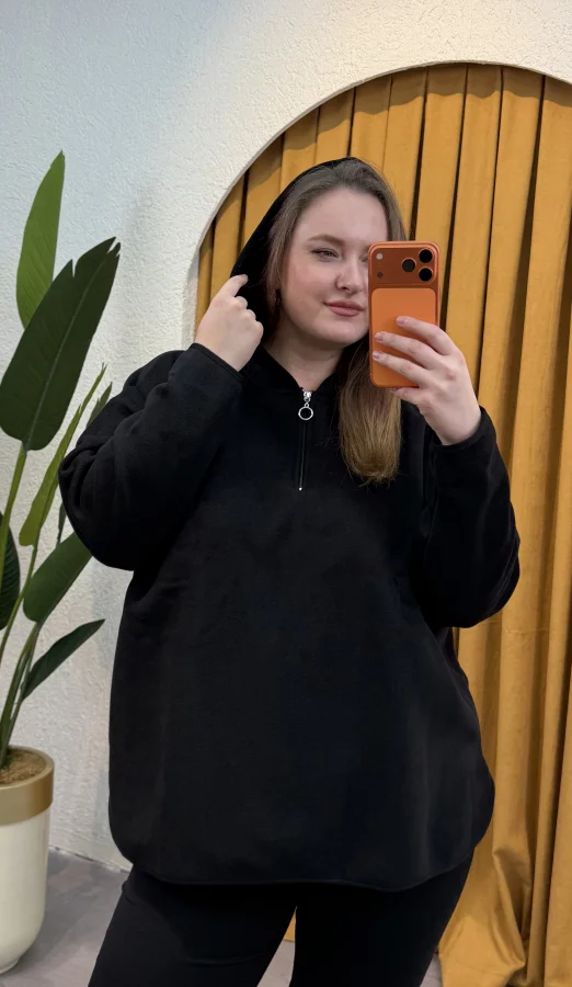 Oversize Kapüşonlu Polar Sweat - Siyah