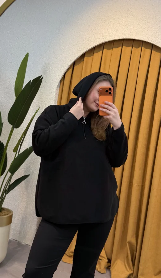 Oversize Kapüşonlu Polar Sweat - Siyah