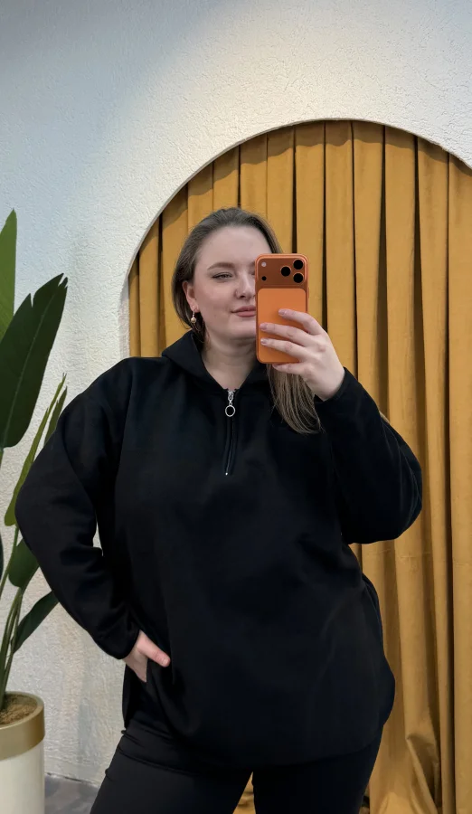 Oversize Kapüşonlu Polar Sweat - Siyah