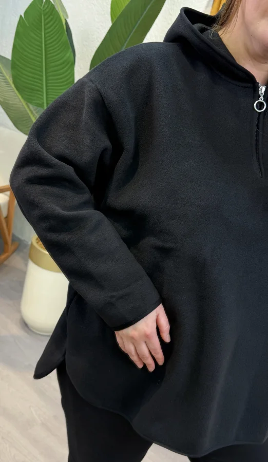 Oversize Kapüşonlu Polar Sweat - Siyah