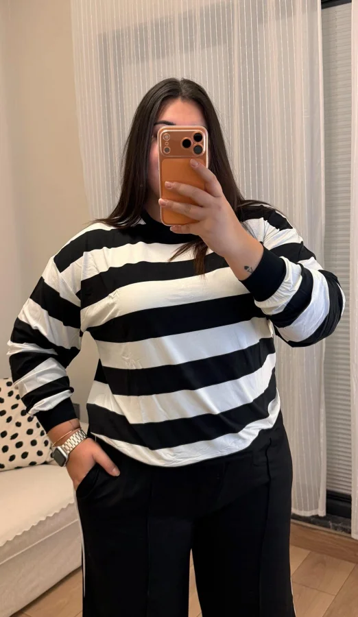 Oversize Pamuklu Penye Bluz - Çizgili