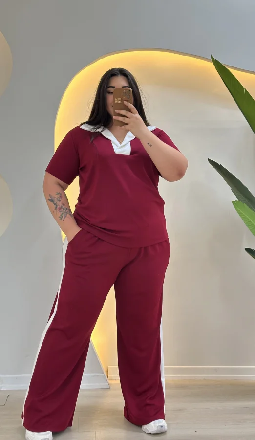 Oysho Modal Şeritli Polo Yaka Takım - Bordo