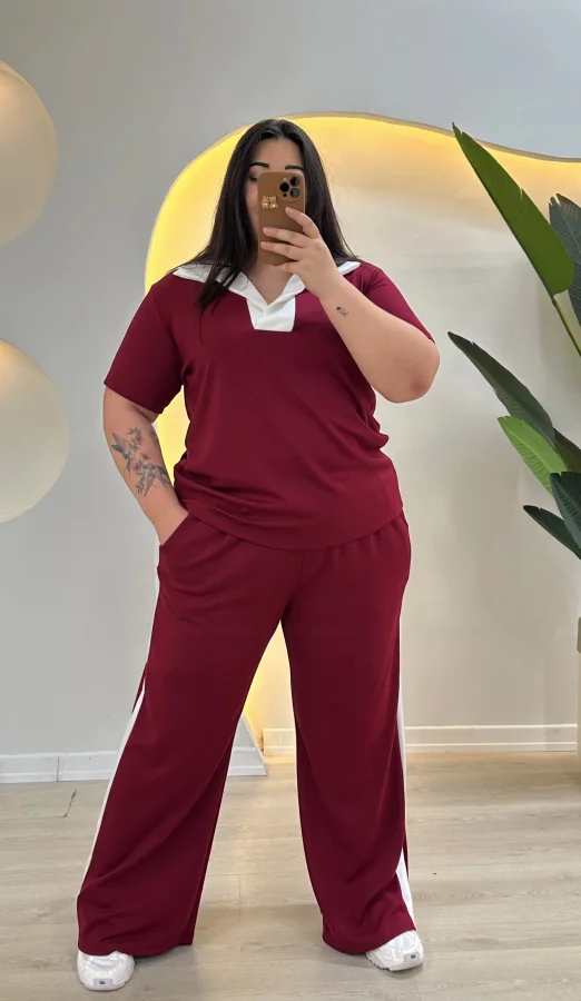 Oysho Modal Şeritli Polo Yaka Takım - Bordo