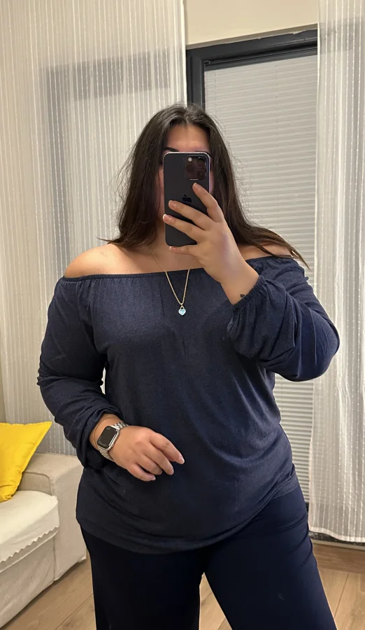 Pamuklu Penye Esnek Madonna Bluz - Lacivert