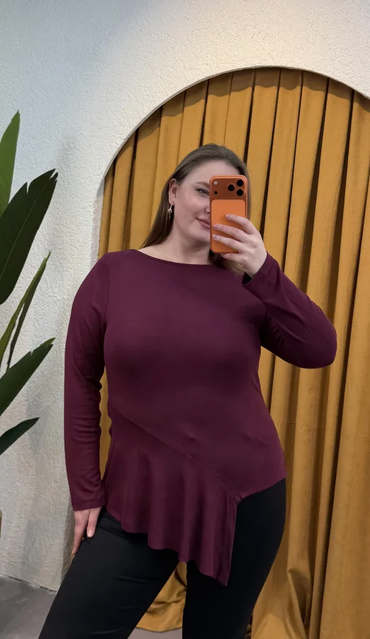 Pamuklu Yarım Asimetrik Esnek Penye Bluz - Mürdüm