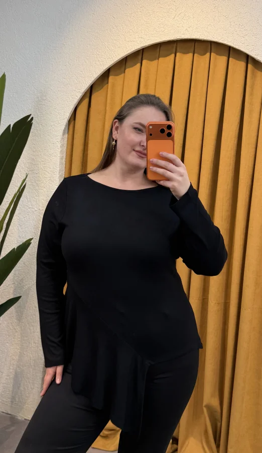 Pamuklu Yarım Asimetrik Esnek Penye Bluz - Siyah