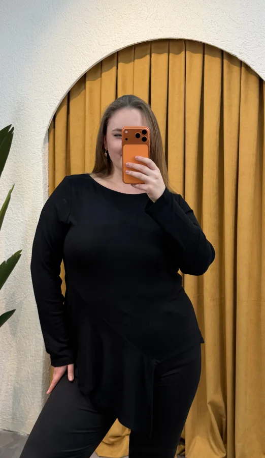 Pamuklu Yarım Asimetrik Esnek Penye Bluz - Siyah