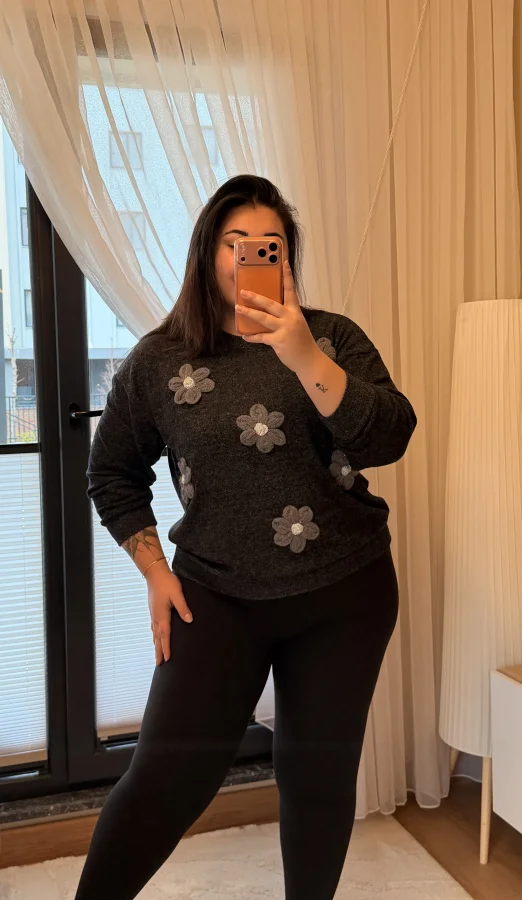 Papatya Detaylı Yumoş Sweat - Antrasit