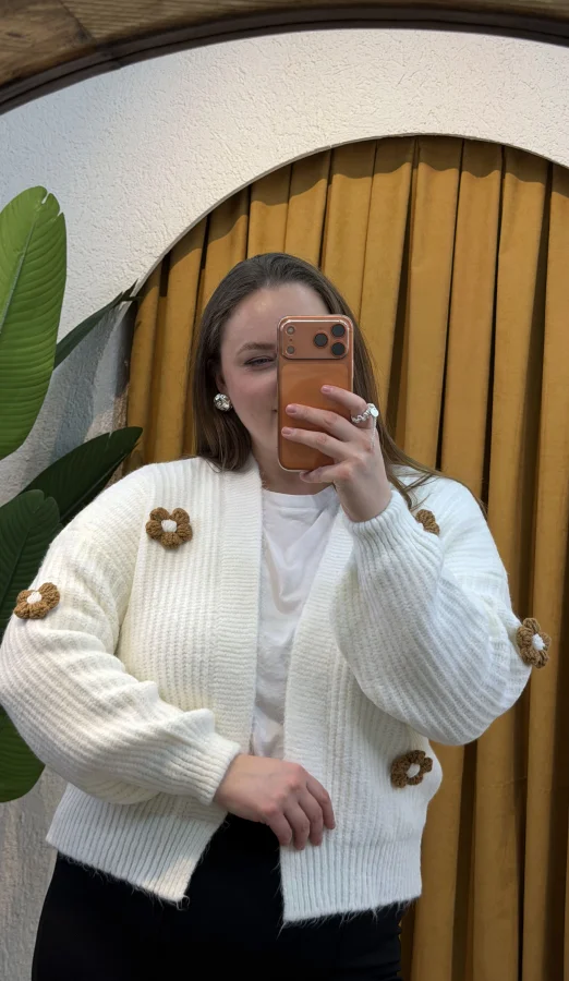 Papatyalı Örme Triko Hırka - Ekru