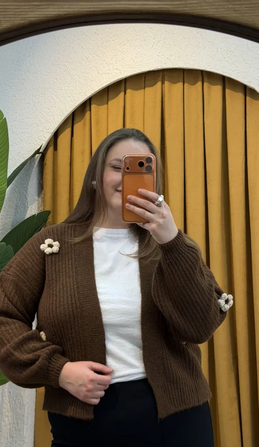 Papatyalı Örme Triko Hırka - Kahverengi