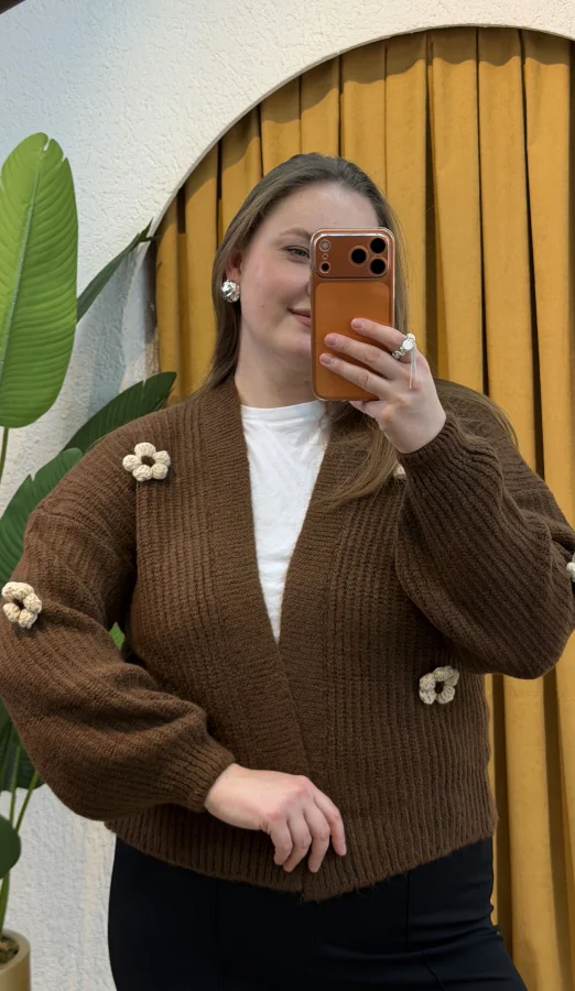 Papatyalı Örme Triko Hırka - Kahverengi