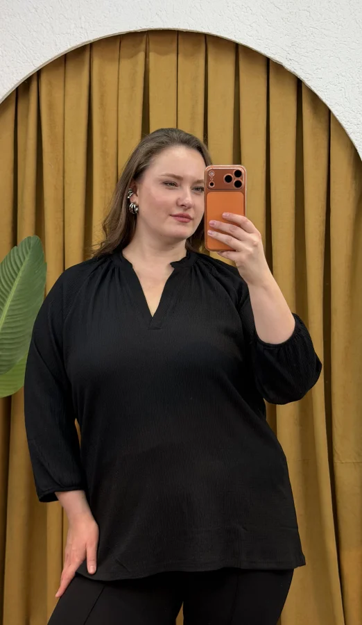 Patlı Hakim Yaka Esnek Bürümcük Bluz - Siyah