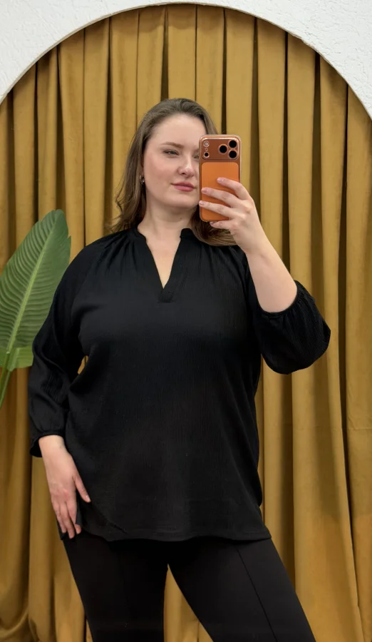 Patlı Hakim Yaka Esnek Bürümcük Bluz - Siyah