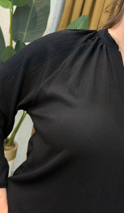 Patlı Hakim Yaka Esnek Bürümcük Bluz - Siyah