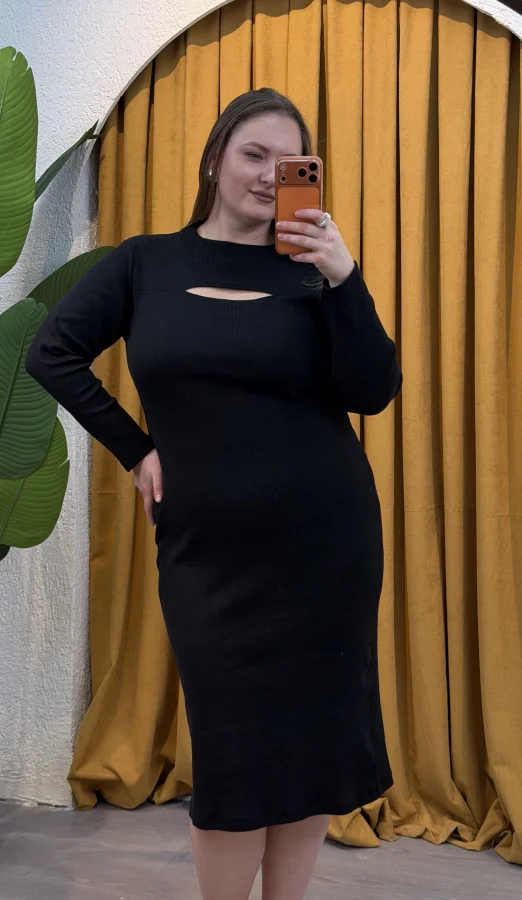 Pencere Detay Likralı Triko Elbise - Siyah