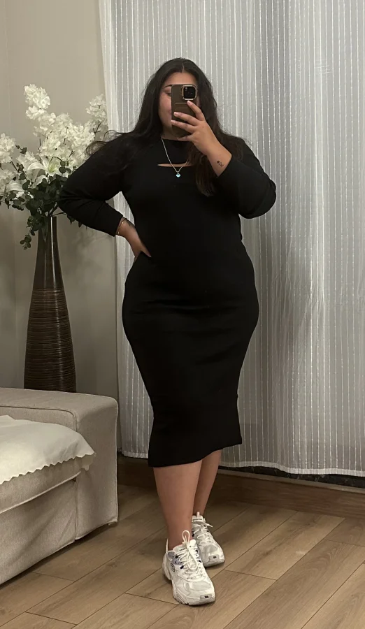 Pencere Detay Likralı Triko Elbise - Siyah