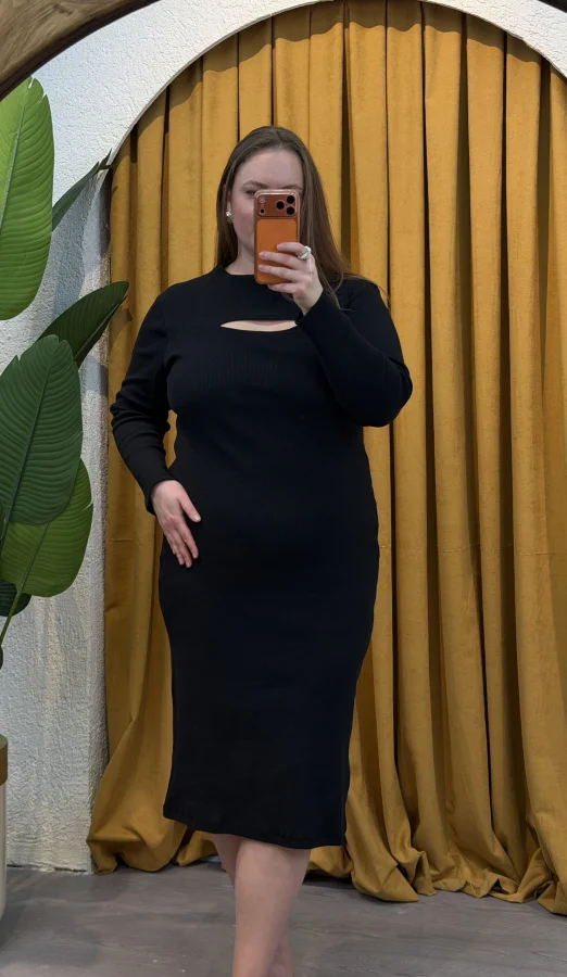 Pencere Detay Likralı Triko Elbise - Siyah