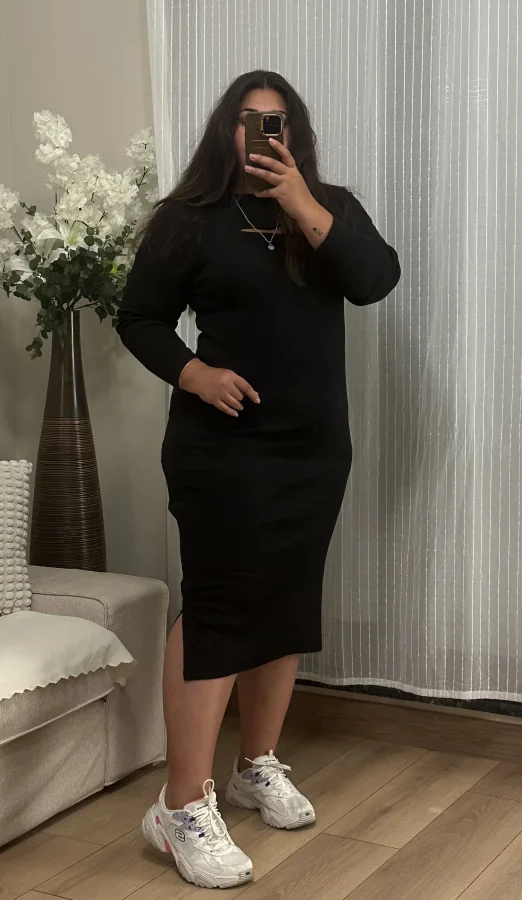 Pencere Detay Likralı Triko Elbise - Siyah