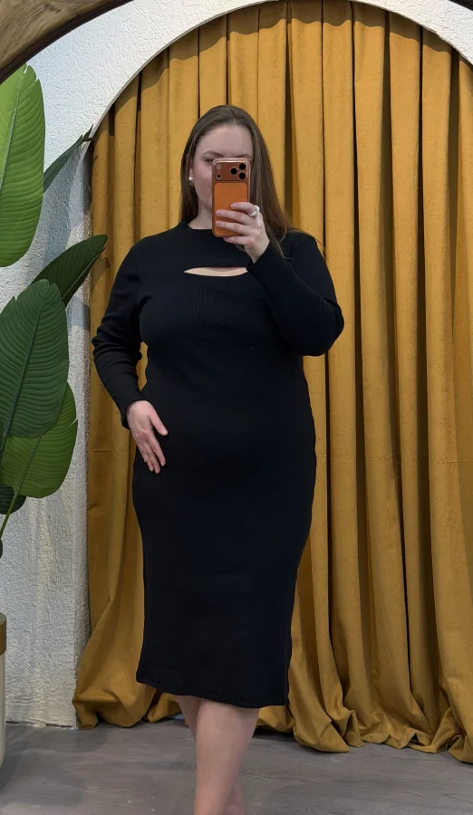 Pencere Detay Likralı Triko Elbise - Siyah