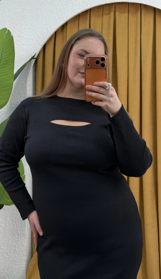 Pencere Detay Likralı Triko Elbise - Siyah