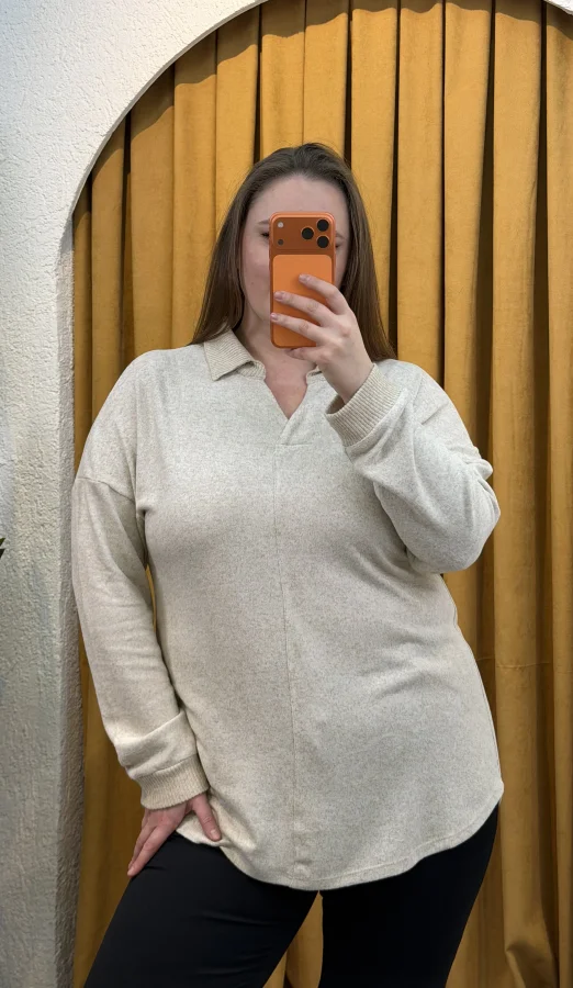 Polo Yaka Esnek Yumoş Bluz - Ekru