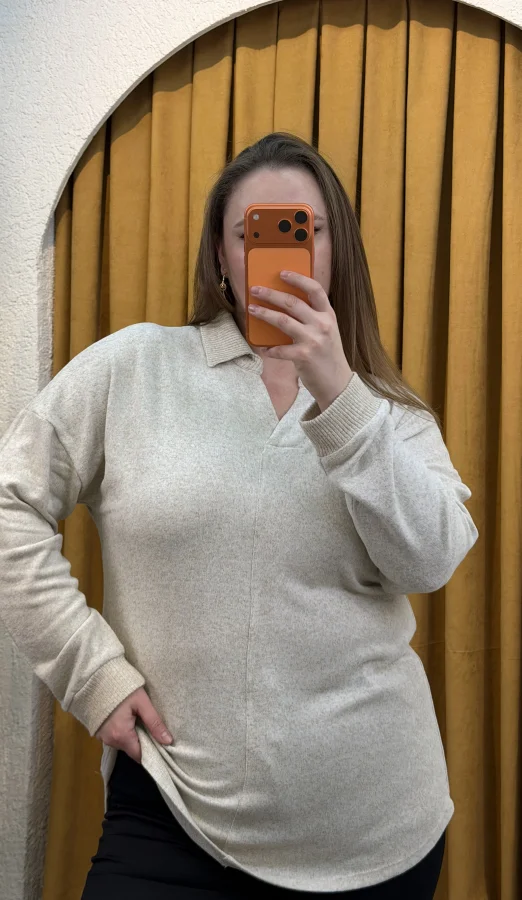 Polo Yaka Esnek Yumoş Bluz - Ekru