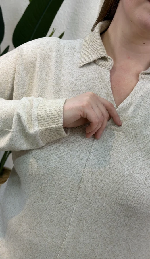 Polo Yaka Esnek Yumoş Bluz - Ekru