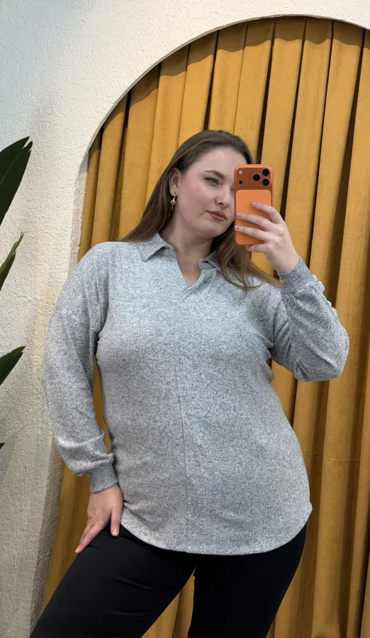 Polo Yaka Esnek Yumoş Bluz - Gri