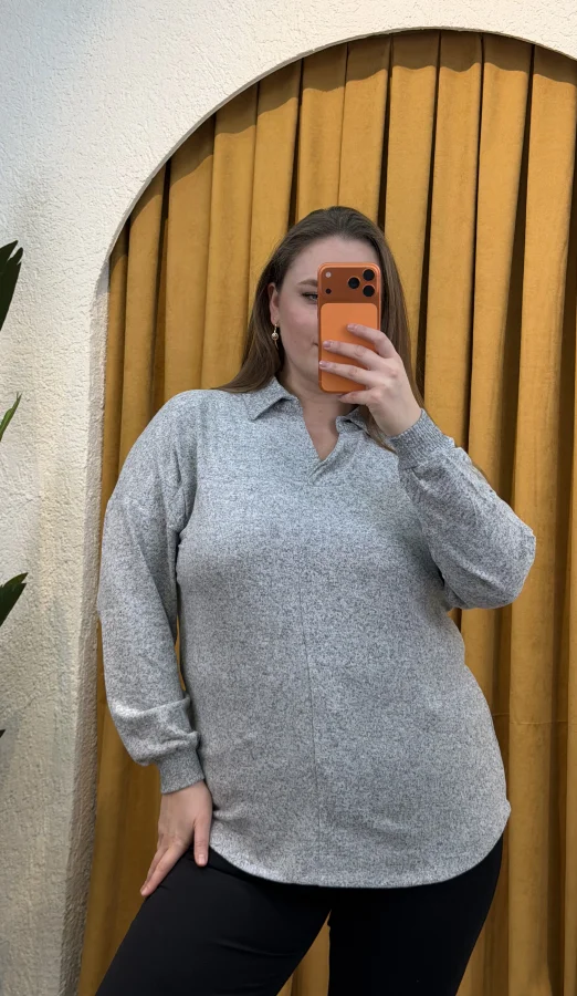 Polo Yaka Esnek Yumoş Bluz - Gri