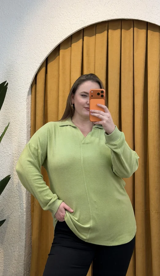 Polo Yaka Esnek Yumoş Bluz - Yeşil