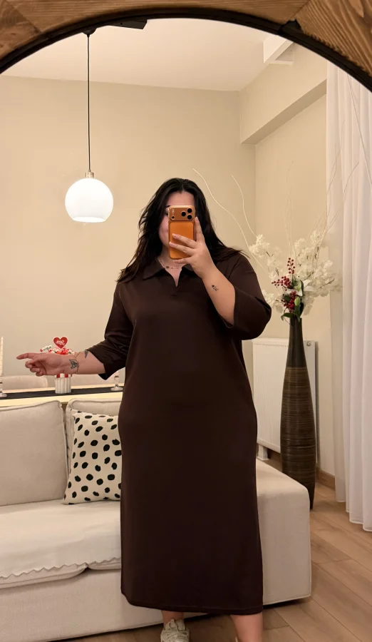 Polo Yaka Modal Basic Elbise - Kahverengi