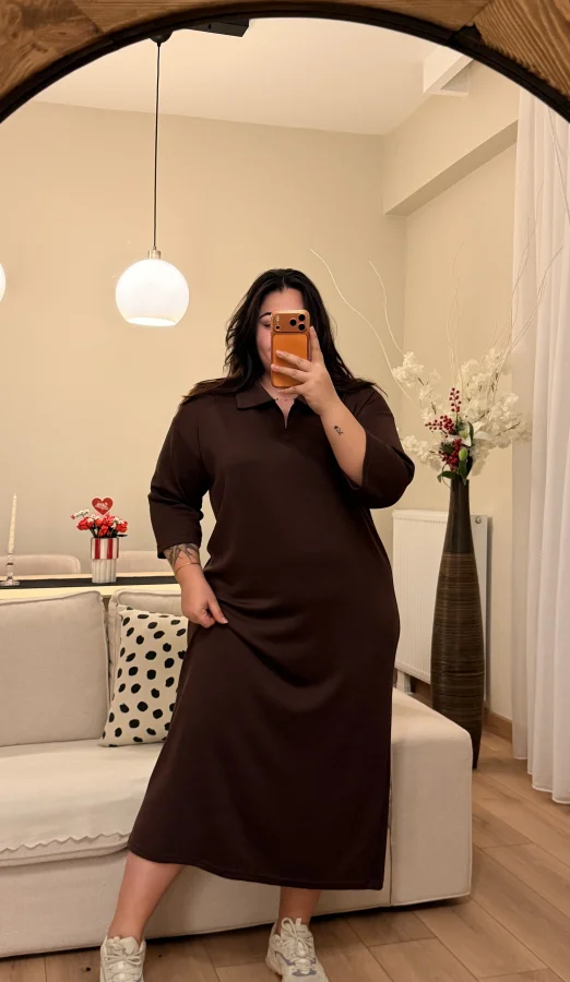 Polo Yaka Modal Basic Elbise - Kahverengi