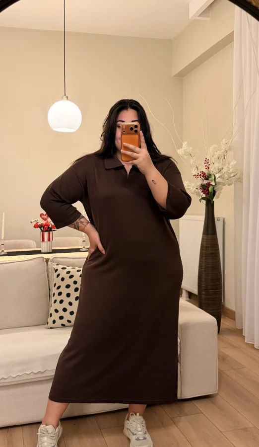 Polo Yaka Modal Basic Elbise - Kahverengi