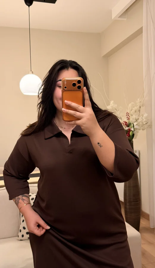 Polo Yaka Modal Basic Elbise - Kahverengi