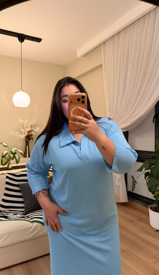 Polo Yaka Modal Basic Elbise - Mavi