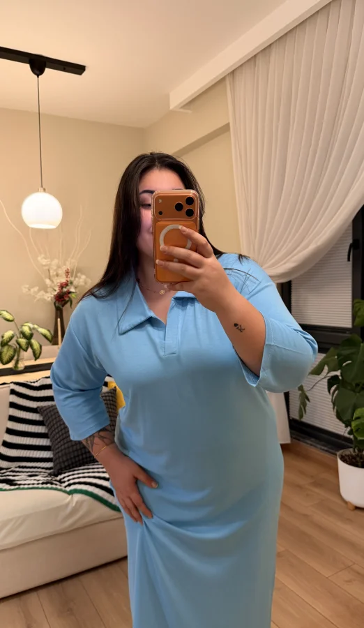 Polo Yaka Modal Basic Elbise - Mavi