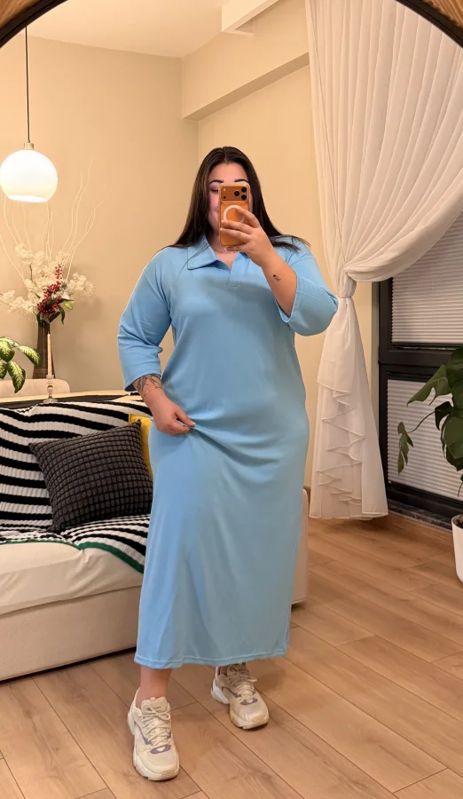 Polo Yaka Modal Basic Elbise - Mavi
