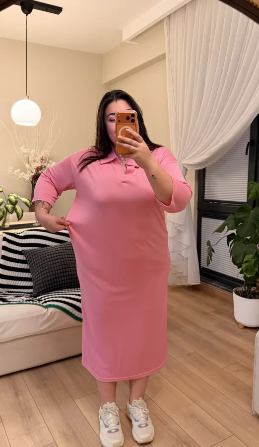 Polo Yaka Modal Basic Elbise - Pembe