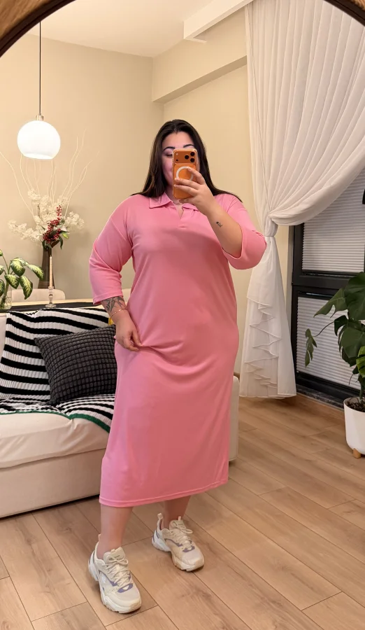 Polo Yaka Modal Basic Elbise - Pembe
