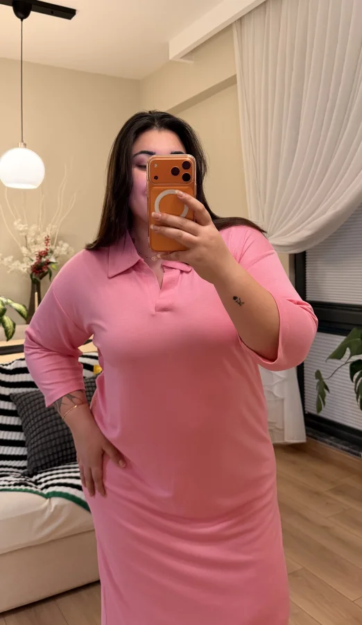 Polo Yaka Modal Basic Elbise - Pembe