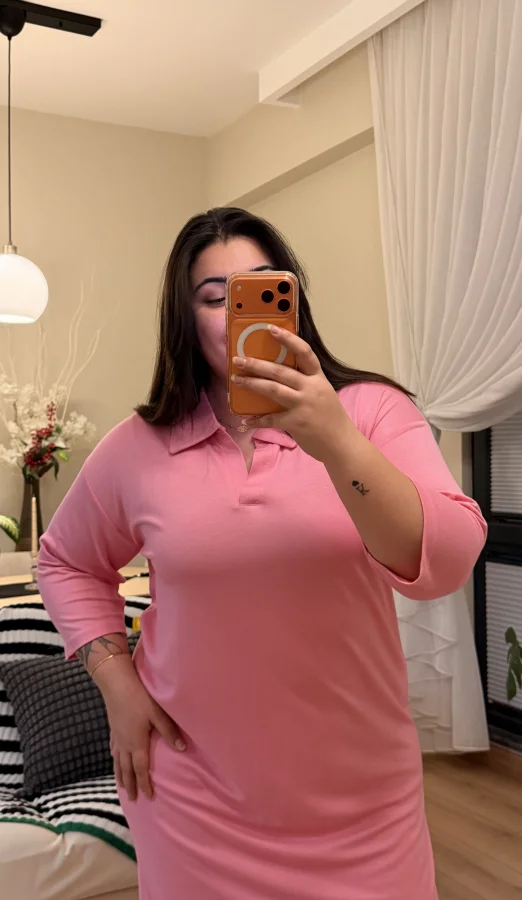 Polo Yaka Modal Basic Elbise - Pembe