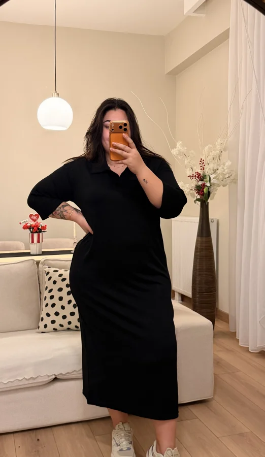 Polo Yaka Modal Basic Elbise - Siyah