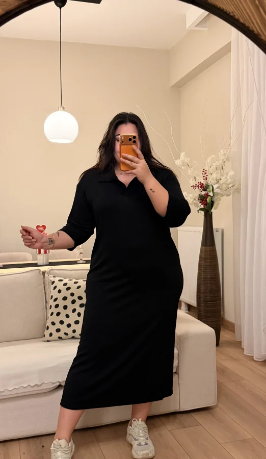 Polo Yaka Modal Basic Elbise - Siyah