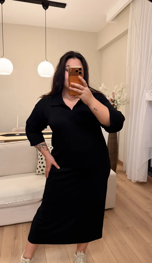 Polo Yaka Modal Basic Elbise - Siyah