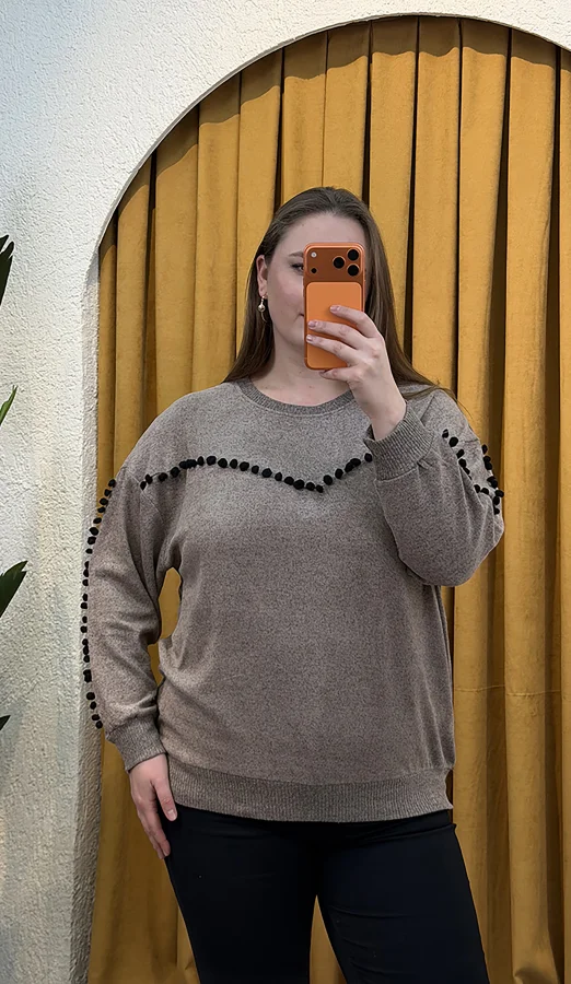 Ponponlu Esnek Yumoş Bluz - Kahverengi