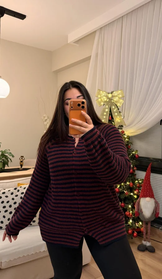 Premium Çizgili Düğmeli Triko Hırka - Bordo Çizgili