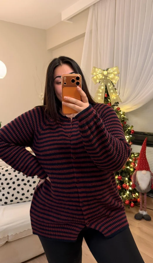 Premium Çizgili Düğmeli Triko Hırka - Bordo Çizgili